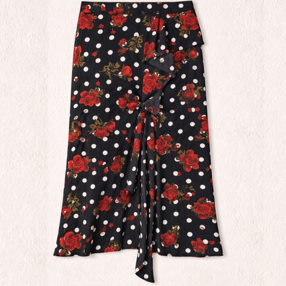 Floral Polka Dot Wrap Midi Skirt Red Roses Ruffle High Waist Vintage Style XS - Picture 2 of 6